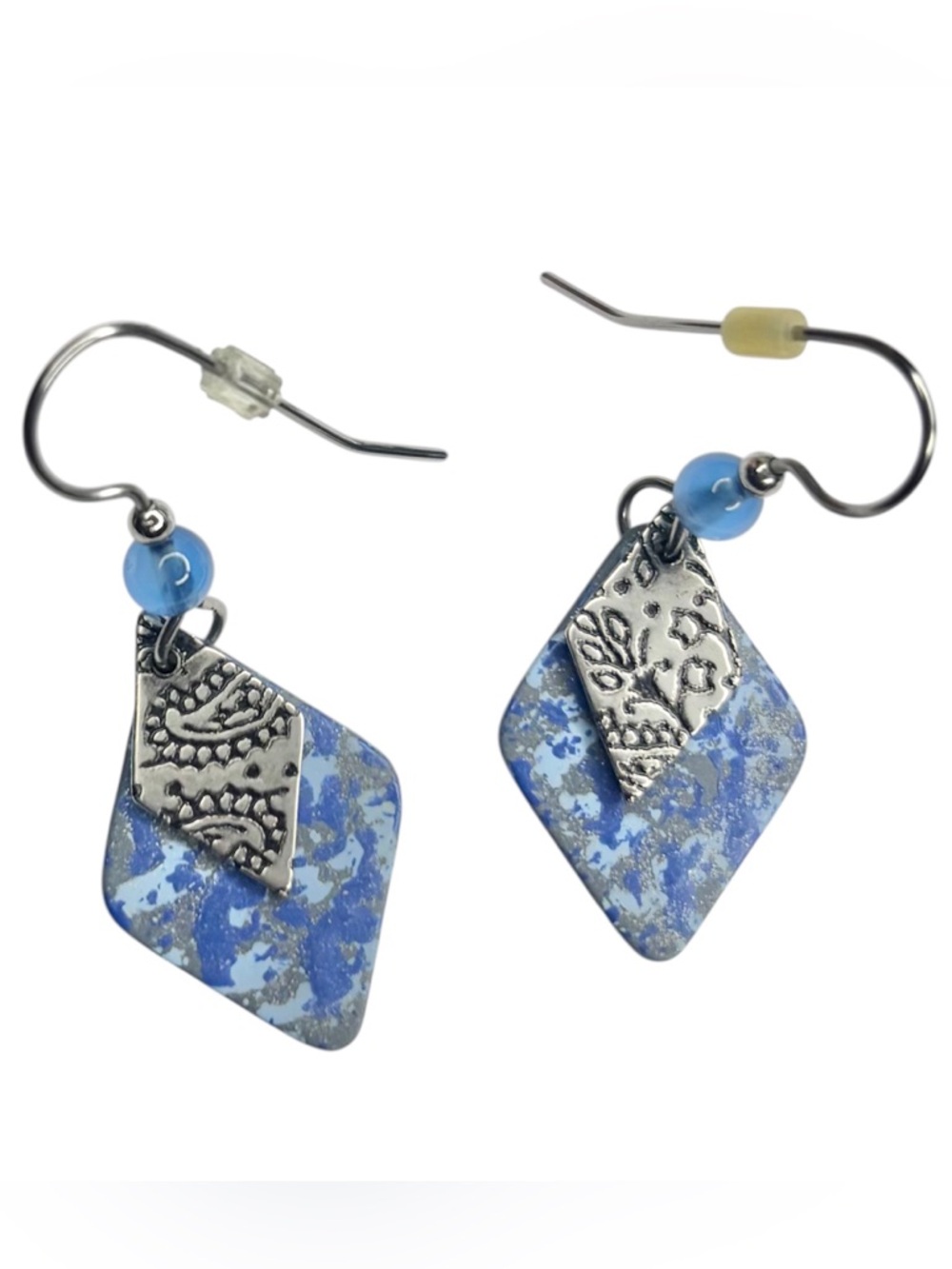 Silver Forest Silver-Tone Layered Diamond Duet Blue Dangle Earrings
